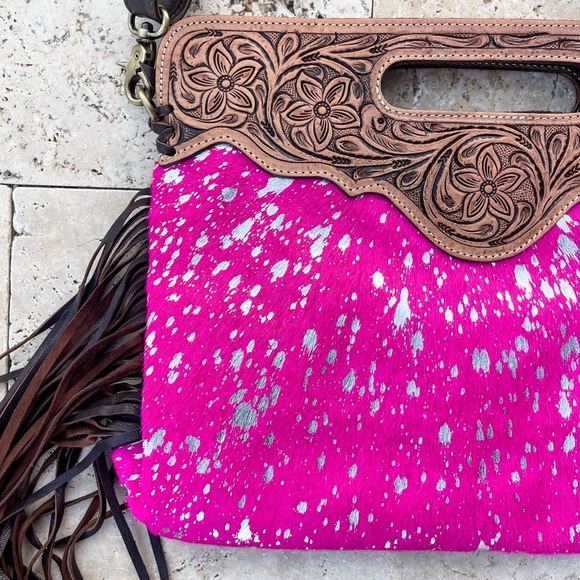 Tooled Leather Cowhide Fringe Tassel clutch crossbody purse pink + silver specs - Picture 2 of 11